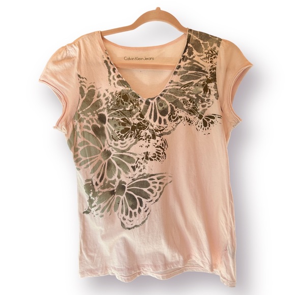 Calvin Klein Top Pink Butterfly Paisley Short Sleeve Casual Chic Style Large - Picture 2 of 8
